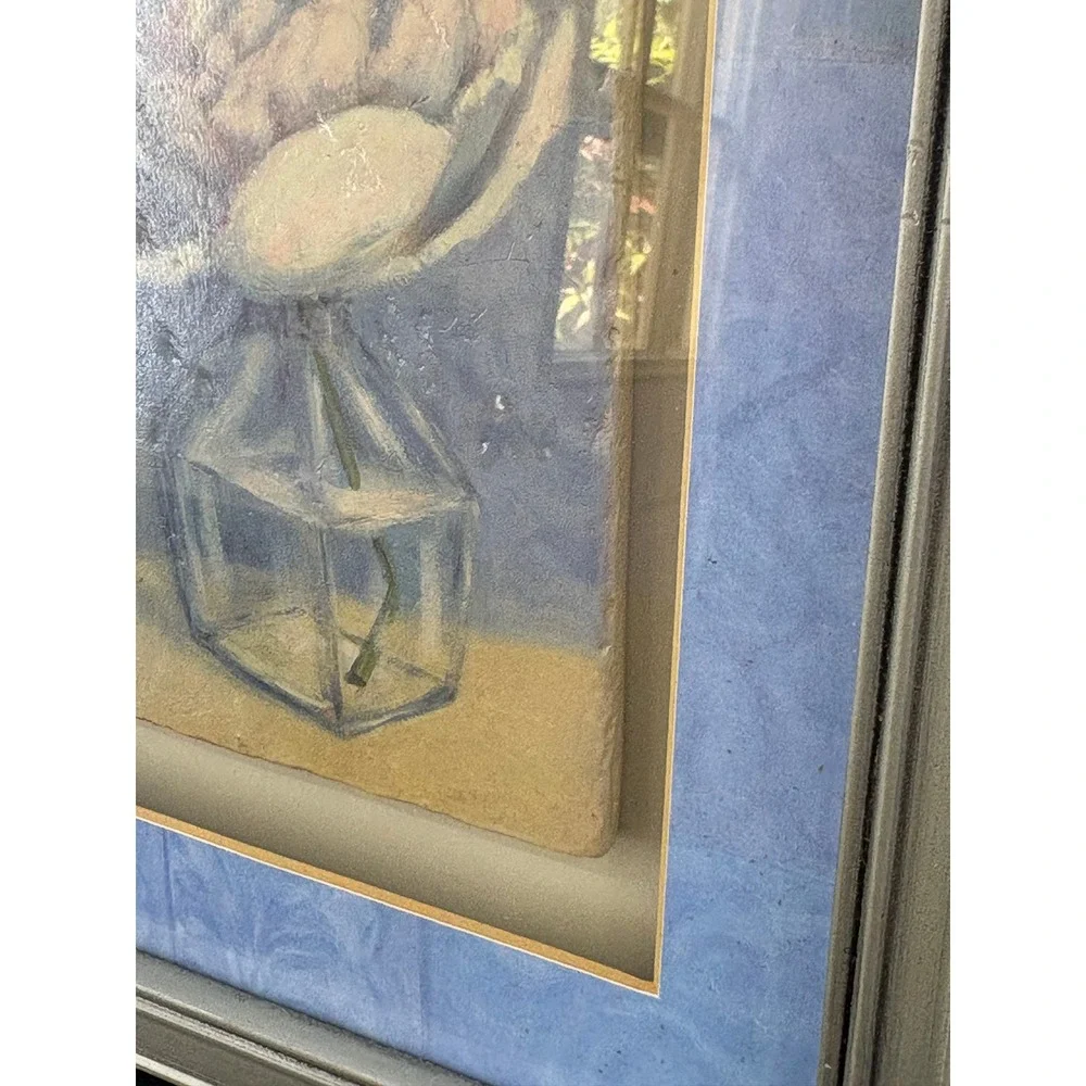 Floral Still Life Framed Tile Art Pink Flower in Glass Vase Silver Frame